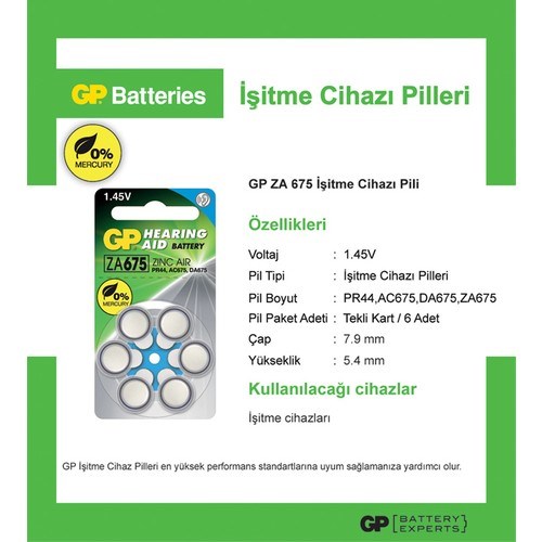Piller GP 1.4V KULAKLIK PİLİ 6'LI BLİSTER KART Satın Al
