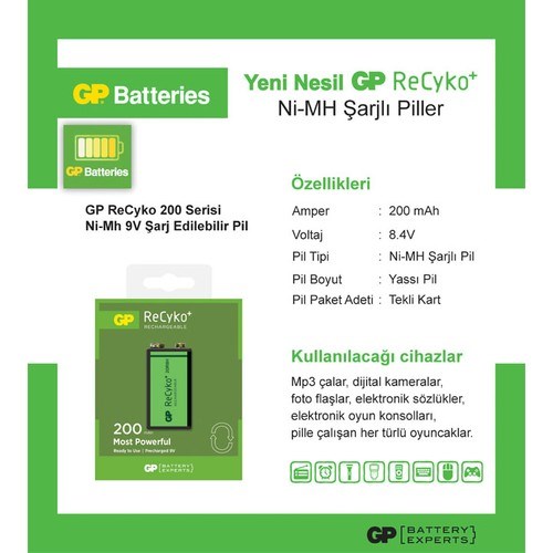 Piller GP 200MAH Nİ-MH 9V ŞARJ EDİLEBİLİR TEKLİ PİL Satın Al