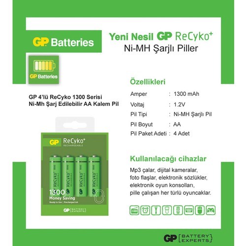 Piller GP GP130AAHCEMTR-2GBE4 1300MAH Nİ-MH 4LÜ ŞARJLI PİL Satın Al