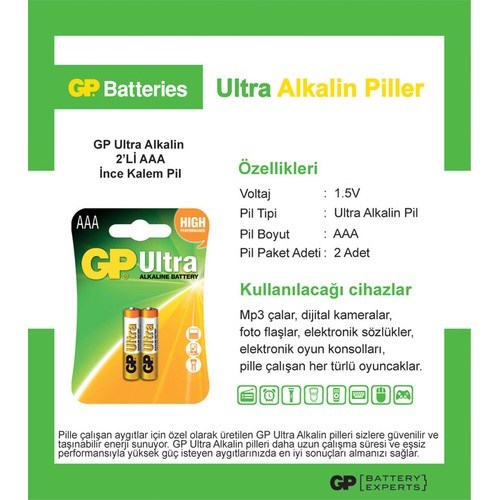 Piller GP LR03 ULTRA  ALKALİN iNCE KALEM PİL (2Lİ) Satın Al