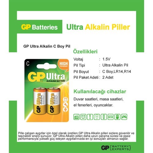 Piller GP LR14 ULTRA ALKALiN ORTA BOY PİL 2Lİ Satın Al