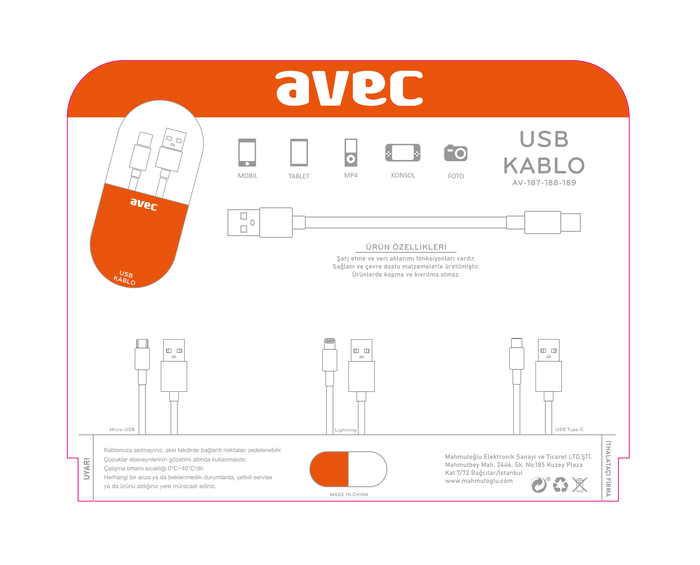 Şarj Kabloları AVEC AV-187 Micro USB Kablo Satın Al