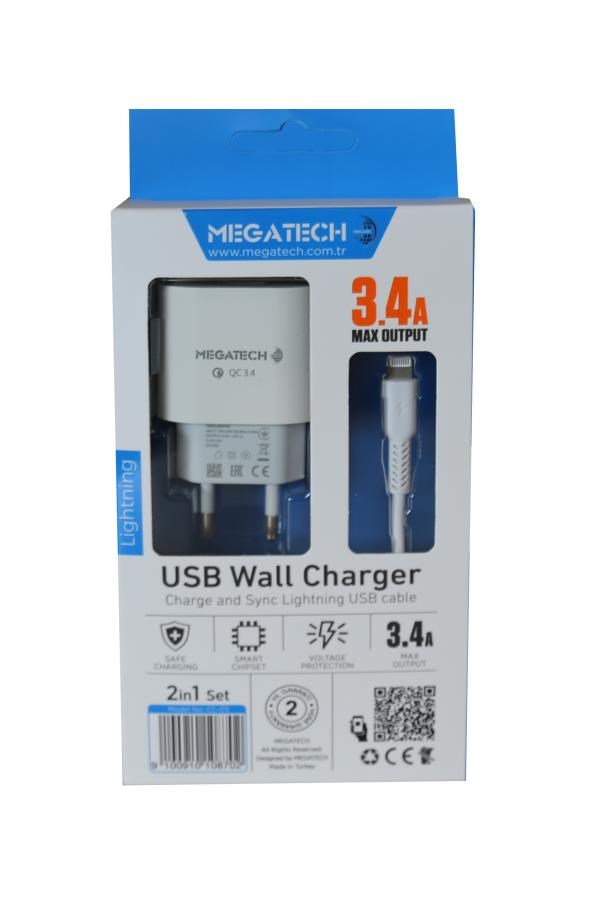 Şarj Kabloları Megatech CC-03 (MT-Cl34) 3.4A Lightning Usb Kablo + Ev Şarj Adaptörü Hızlı Şarj Satın Al