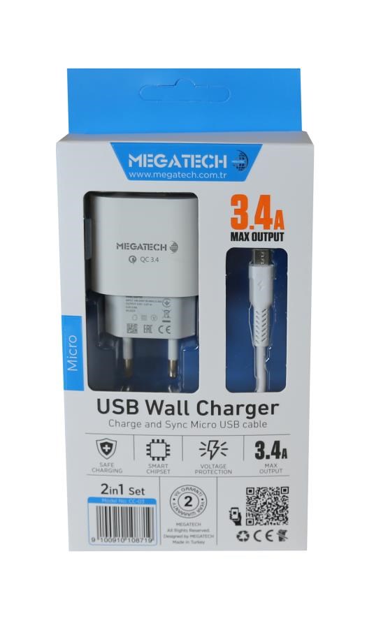 Şarj Kabloları Megatech MT-CM34  3.4A Micro Usb Kablo+ Ev Şarj Adaptörü Hızlı Şarj Satın Al