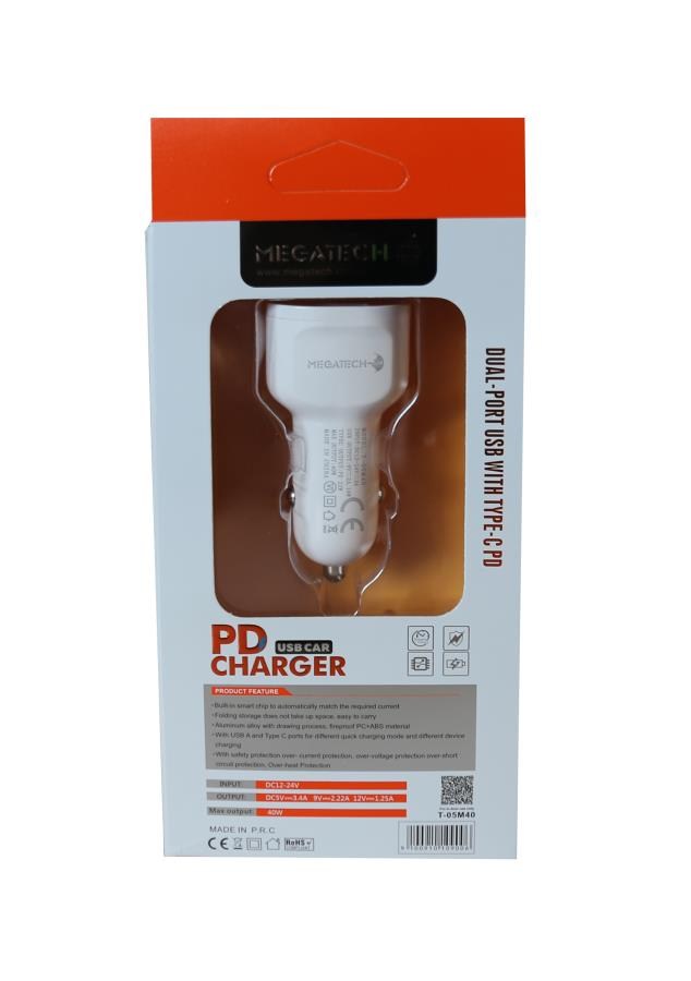 Şarj Kabloları Megatech T-05M40 Beyaz  40W PD-USB Araç Çakmaklık Şarj Başlığı Hızlı Şarj Satın Al