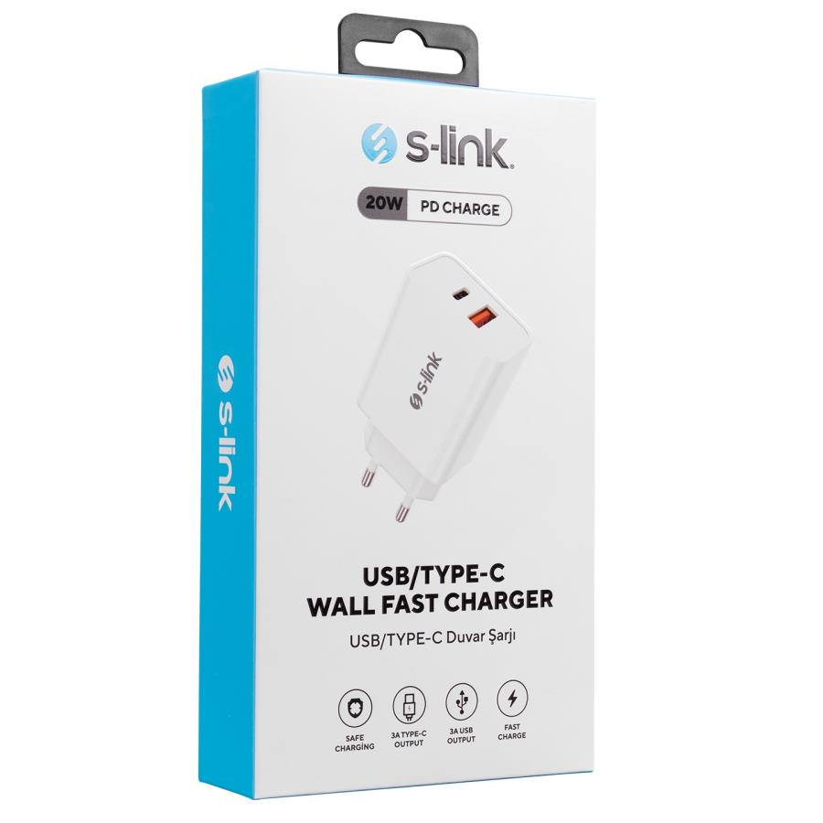 Şarj Kabloları S-link SL-EC60 20W PD3.0-Quick Charge QC3.0 Type USB-C +USB A Hızlı Beyaz Ev Şarj Adaptör Satın Al