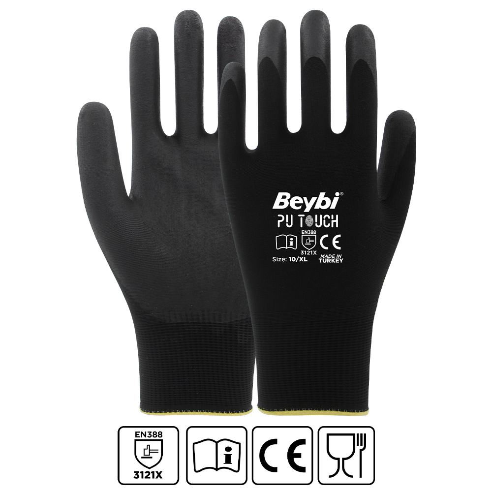Temizlik Eldivenleri Beybi 7 Beden 12li Paket  Poliüretan Kaplı Pu Touch Siyah Montaj Eldiven  EN388 (3121X) Satın Al
