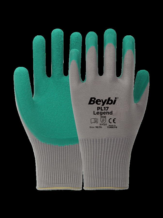 Temizlik Eldivenleri BEYBİ PL17 9 Beden Gri-Yeşil 12li Paket Legend Polyester Örme Lateks Eldiven Satın Al