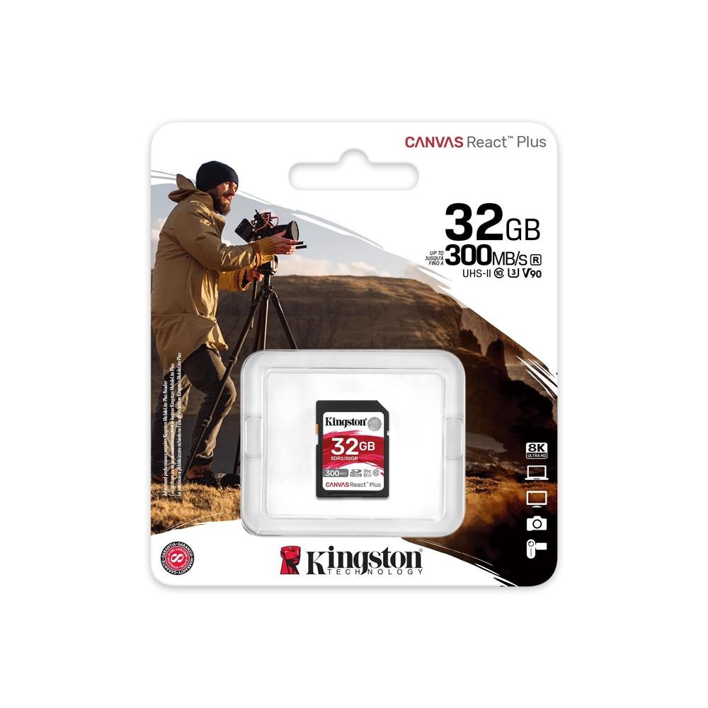 Usb Bellek Kingston SDR2-32GB Canvas React Plus SDHC UHS-II 300R-260W U3 V90 for Full HD-4K-8K Hafıza Kartı Satın Al