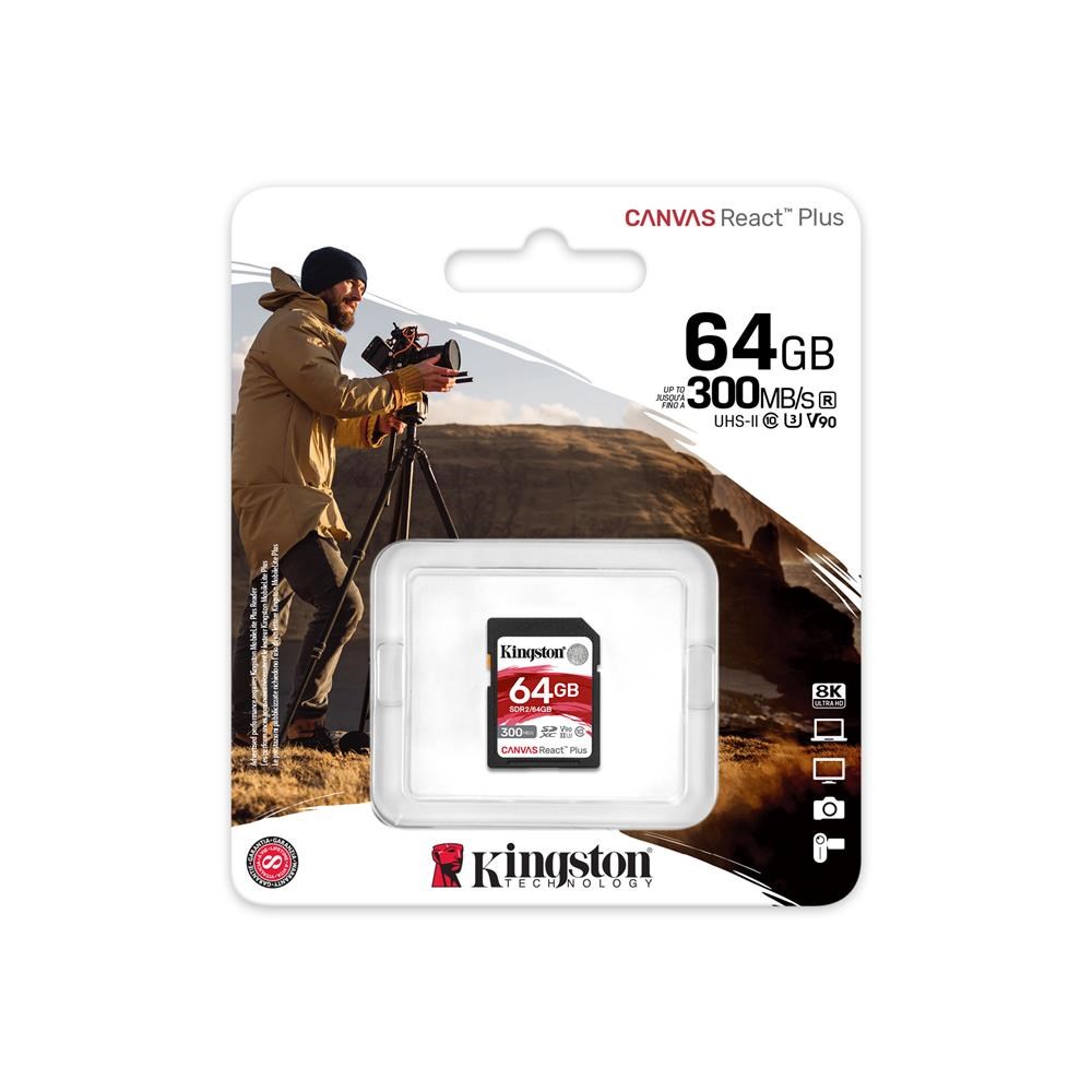 Usb Bellek Kingston SDR2-64GB Canvas React Plus SDXC UHS-II 300R-260W U3 V90 for Full HD-4K-8K Hafıza Kartı Satın Al
