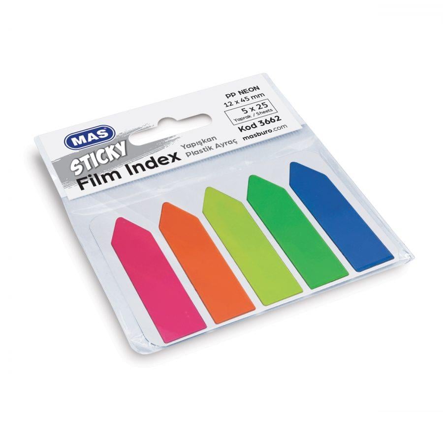 Yapışkanlı Not Kağıtları Mas 3662 Film İndex 12mmx45mm 5x25 Sayfa PP Neon 5 Renk Satın Al