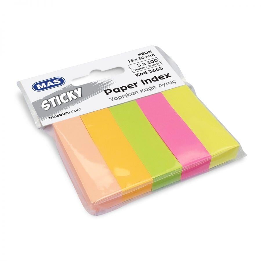 Yapışkanlı Not Kağıtları Mas 3665 Yapışkanlı Kağıt Ayraç 15mmx50mm 5x100 Sayfa Neon 5 Renk Satın Al