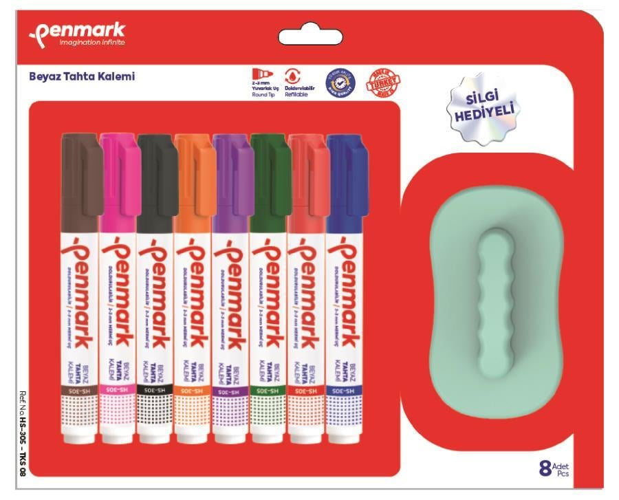 Yazı Tahtası Kalemleri Penmark Beyaz Tahta Kalemi 8'li Paket + Silgi Hediyeli Satın Al