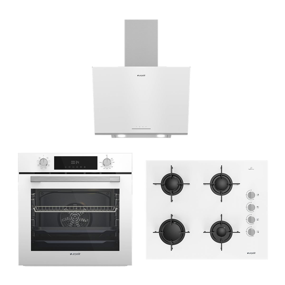 Arçelik Ankastre Yeni Beyaz Üçlü Cam Seri DG (AFC 340 B - ADE 606 B - OCD T 651 EB)