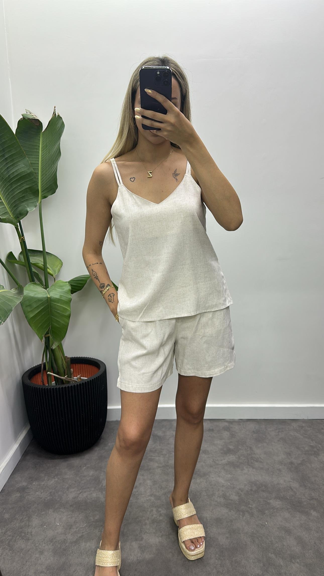 Askılı Keten Şortlu Takım