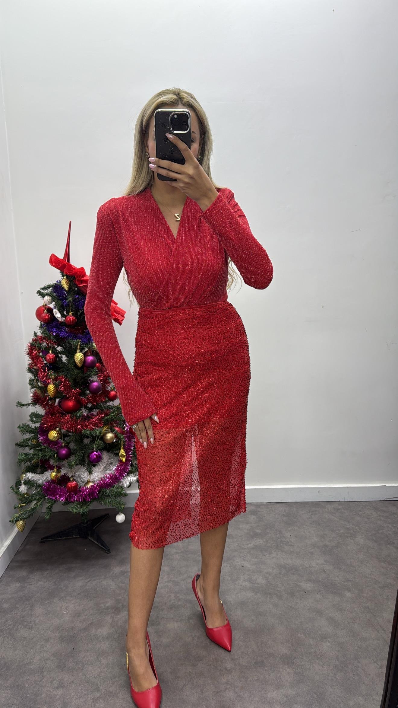 Boncuk İşlemeli Midi Etek