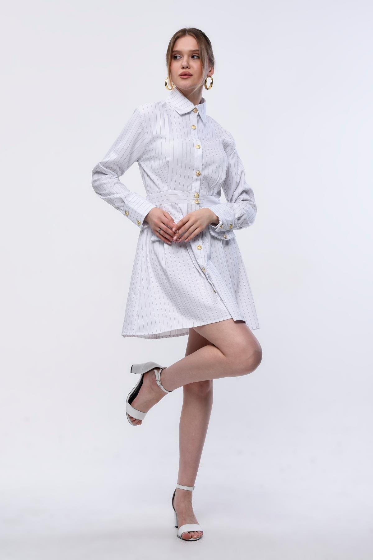 Çizgili Gold Düğmeli Elbise