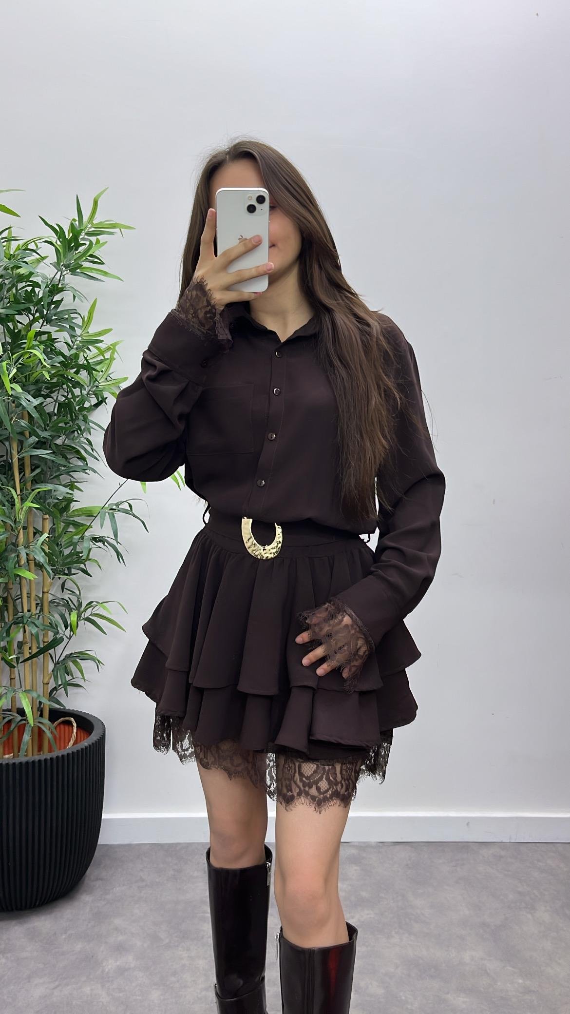 Dantel Detay Kemerli Elbise