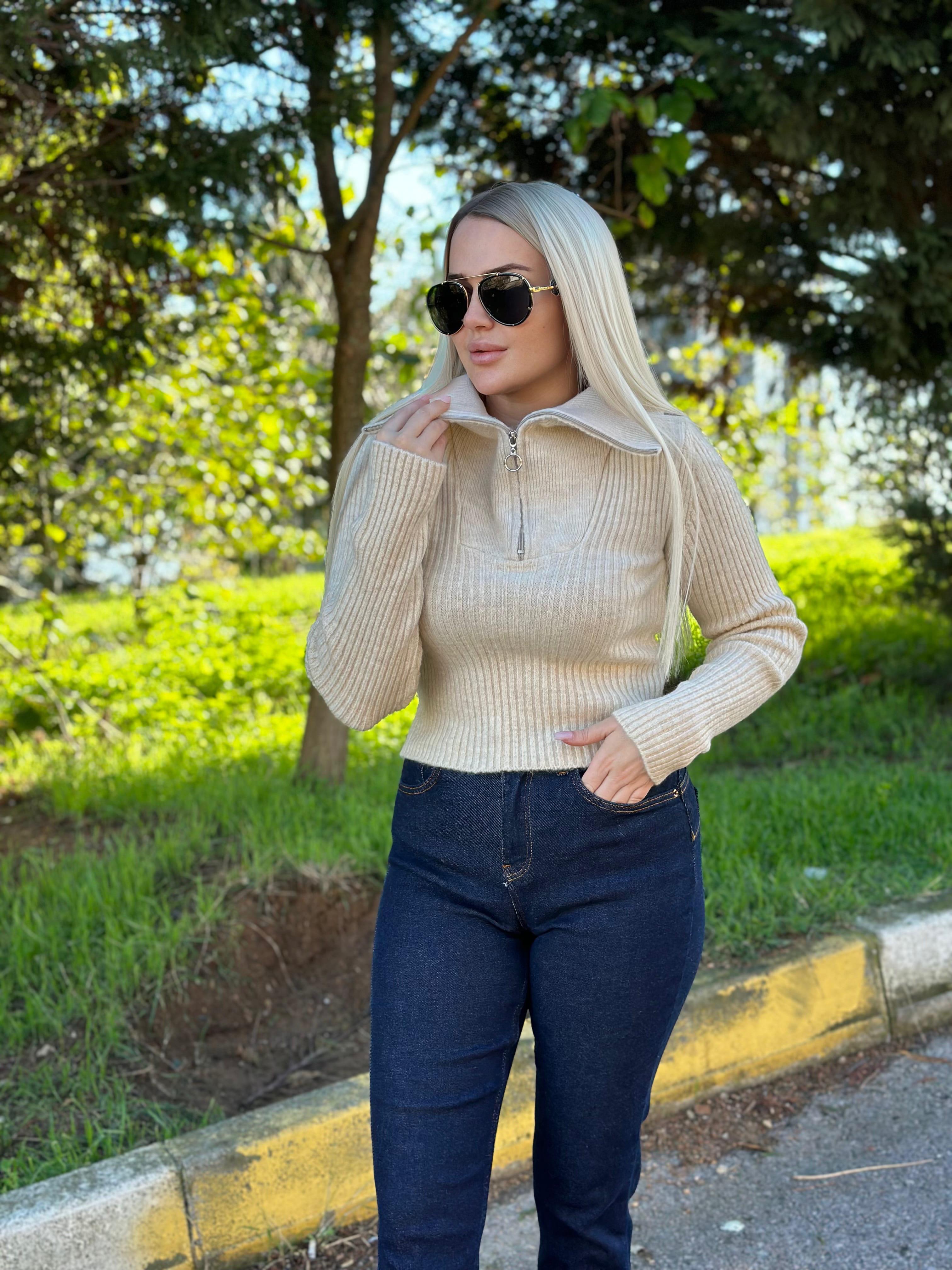 Fermuarlı Crop Kazak