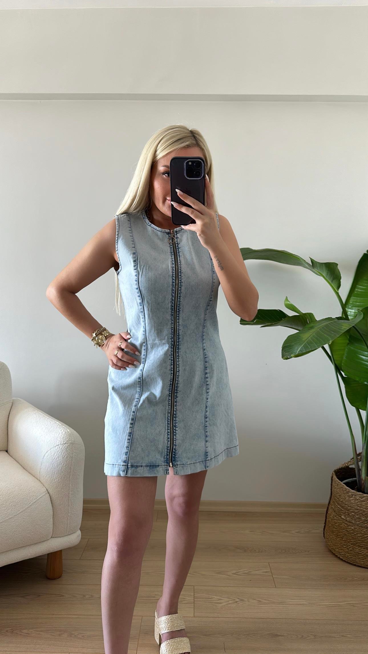 Fermuarlı Jean Elbise