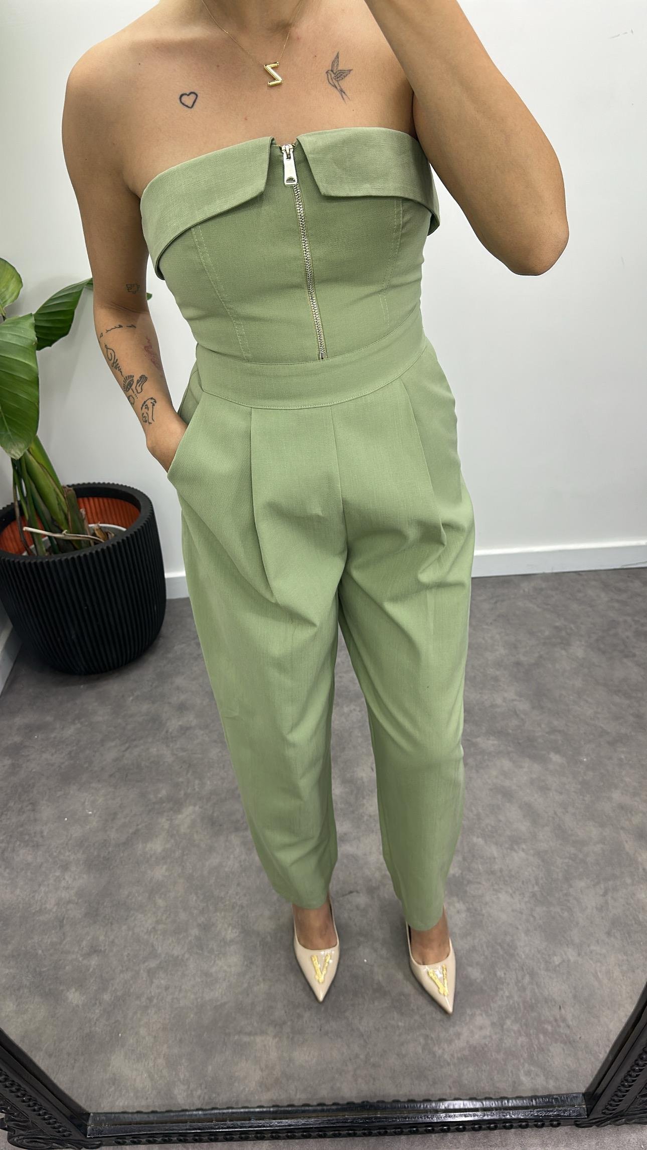 Fermuarlı Straplez Keten Tulum