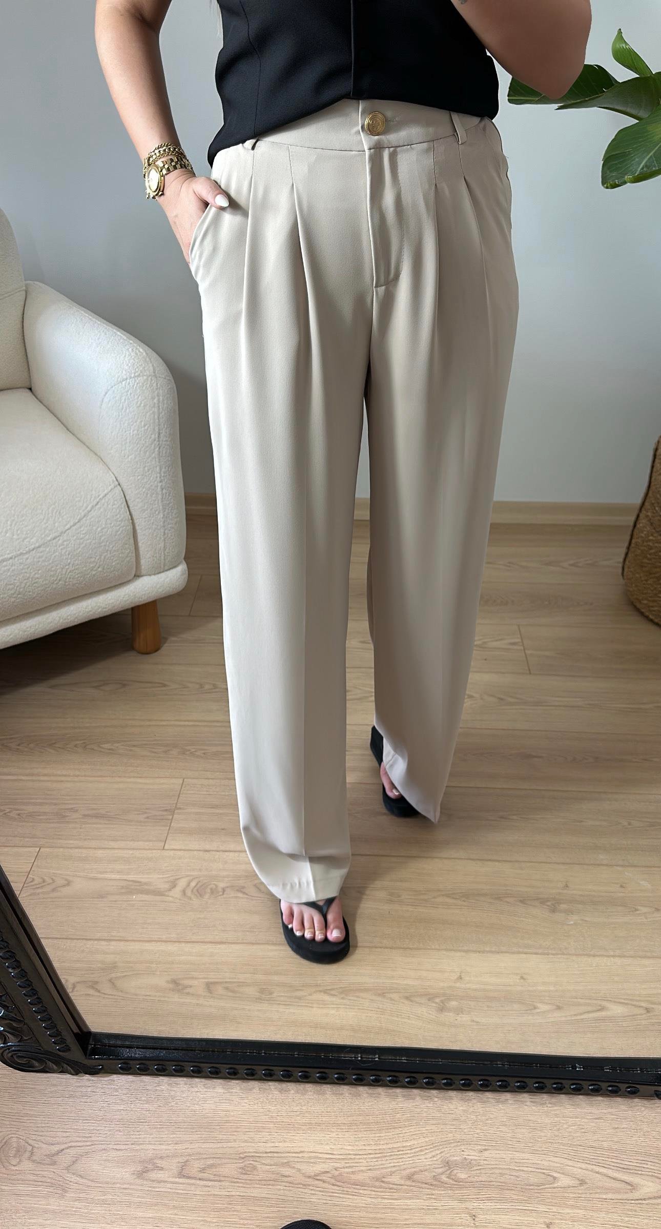 Gold Düğmeli Bol Paça Pantolon