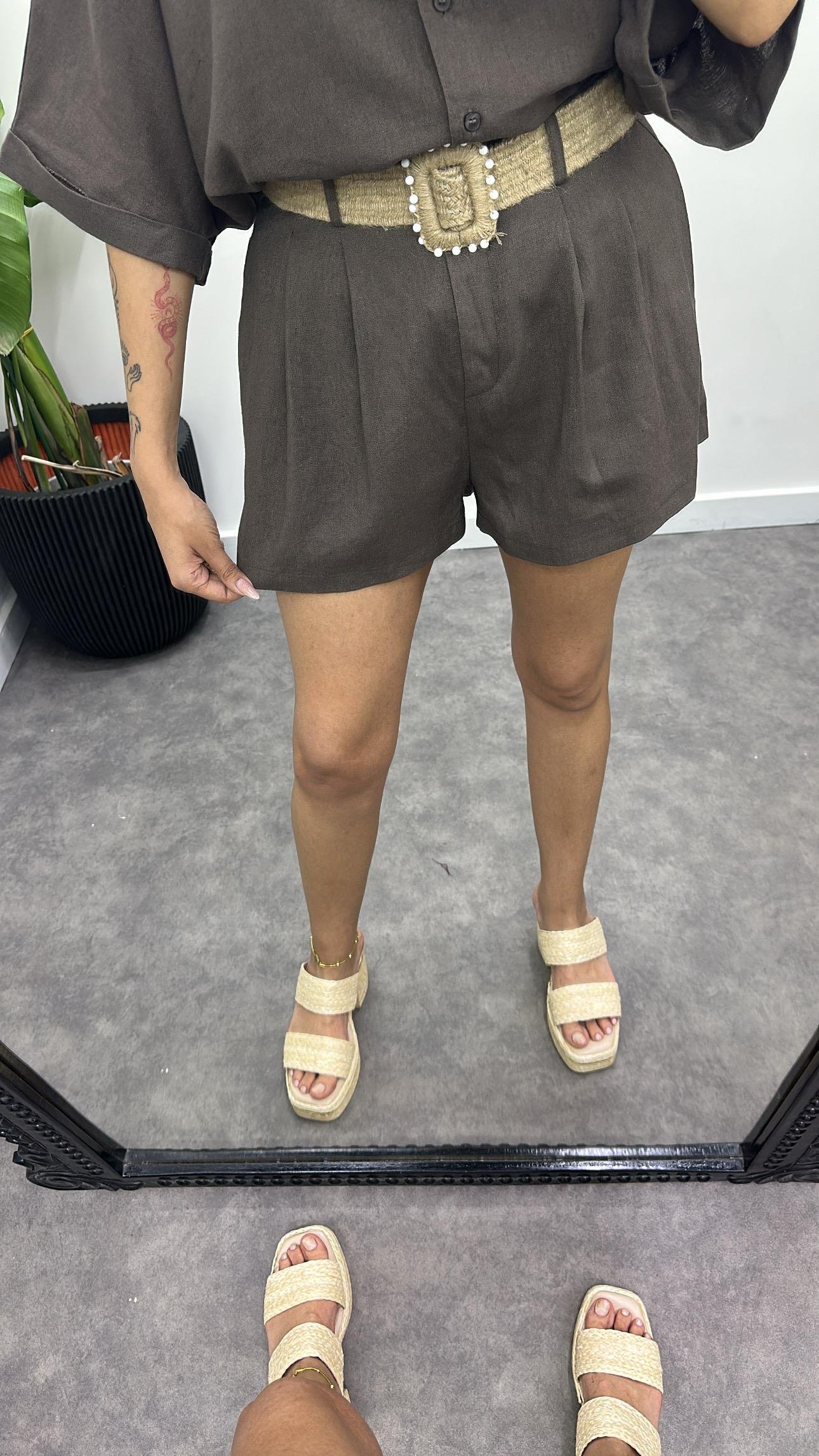 Hasır Kemerli Keten Gömlek Şort Takım