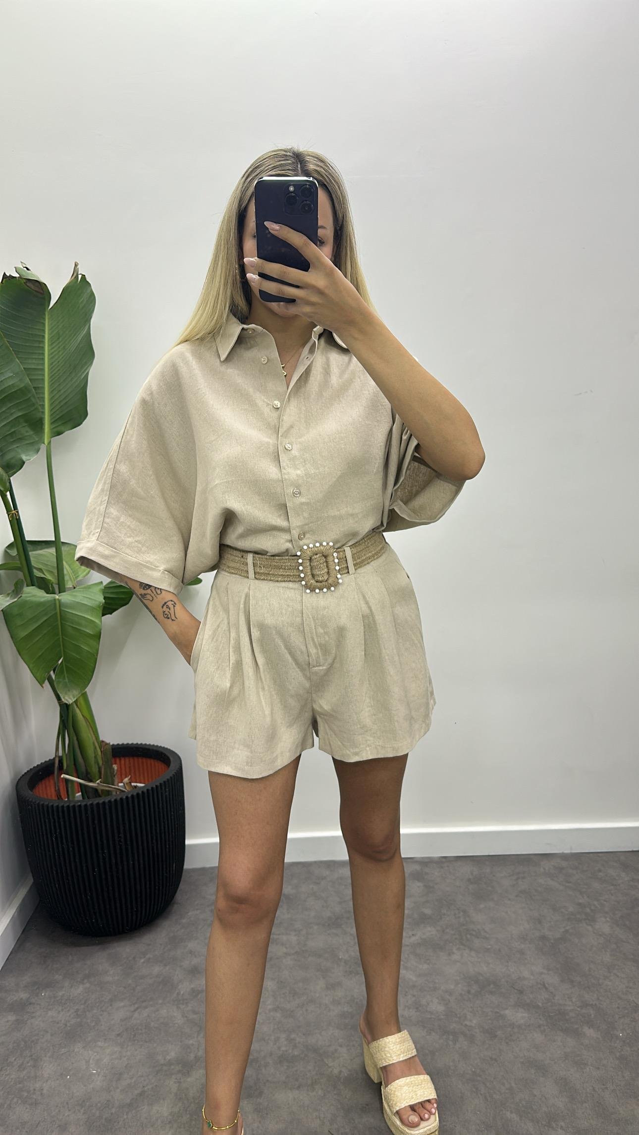 Hasır Kemerli Keten Gömlek Şort Takım