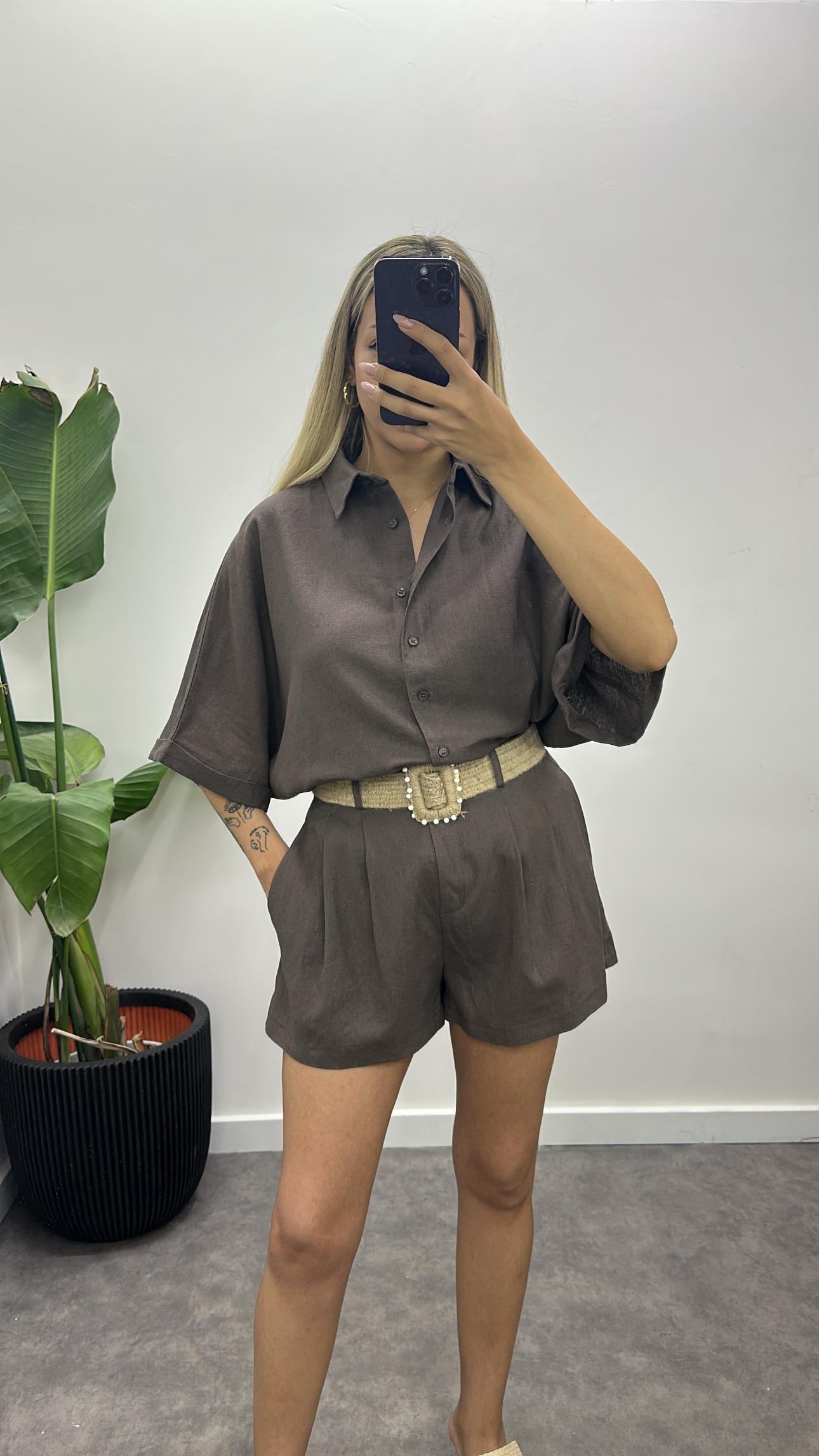 Hasır Kemerli Keten Gömlek Şort Takım