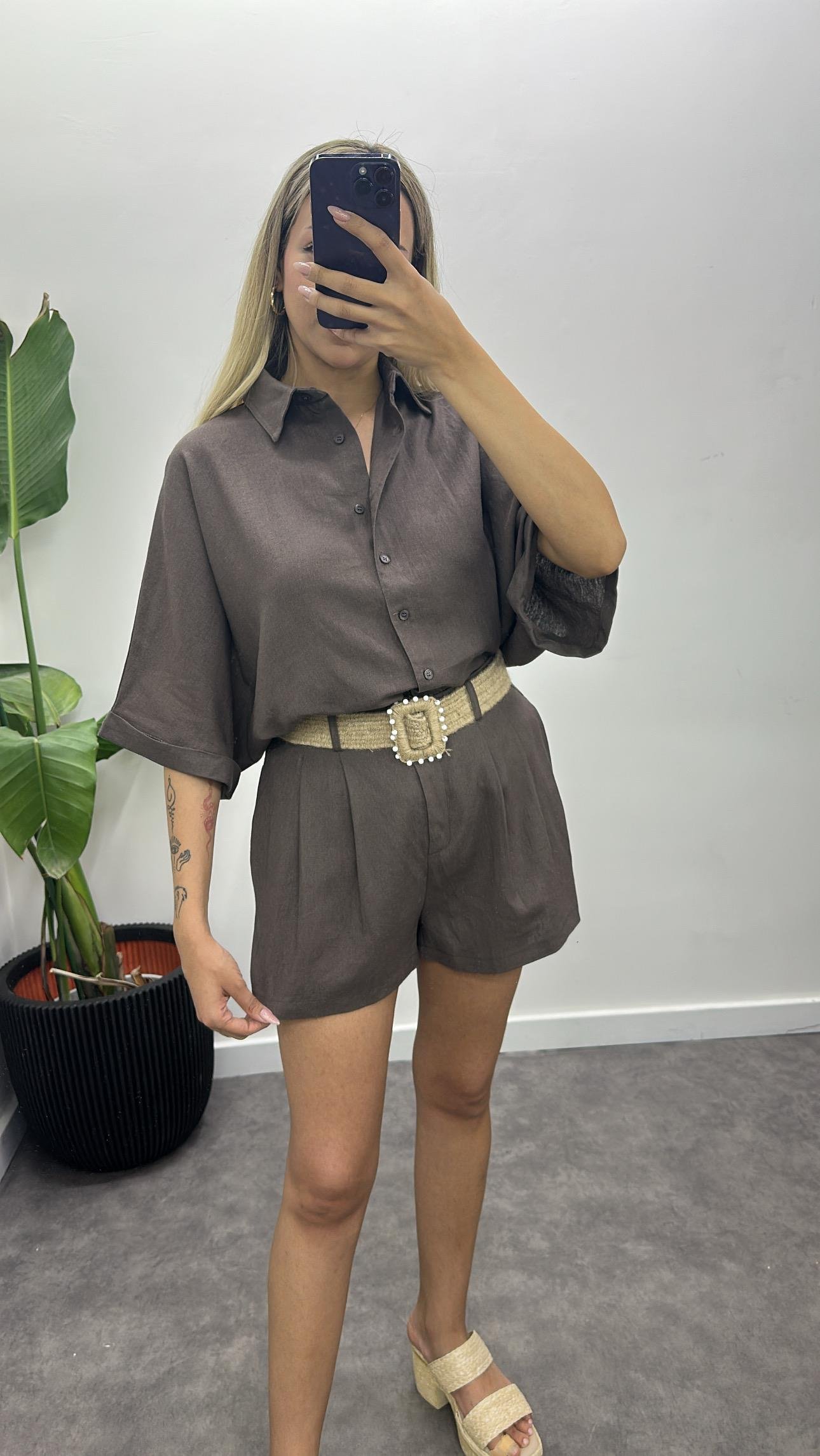 Hasır Kemerli Keten Gömlek Şort Takım