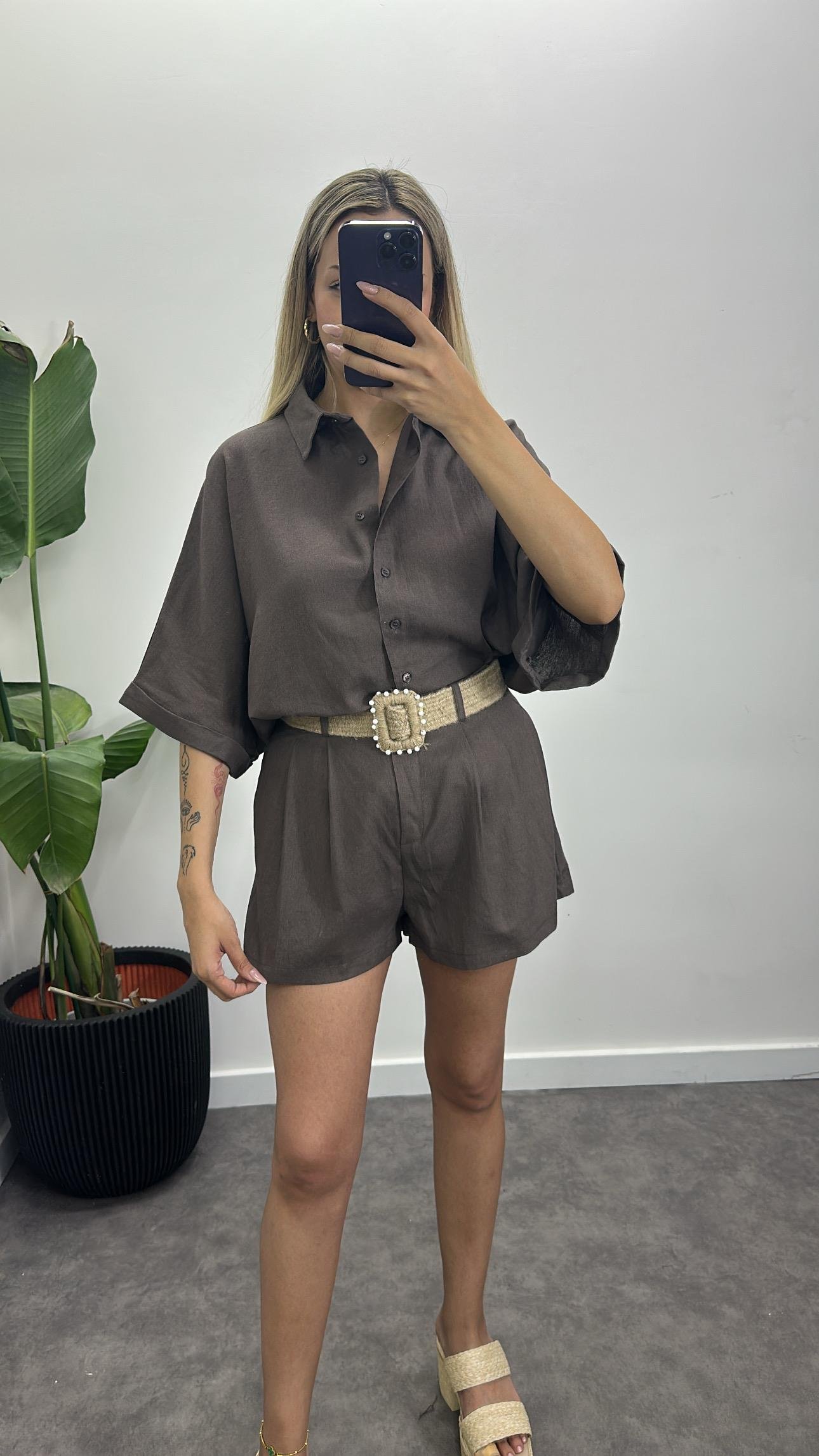 Hasır Kemerli Keten Gömlek Şort Takım