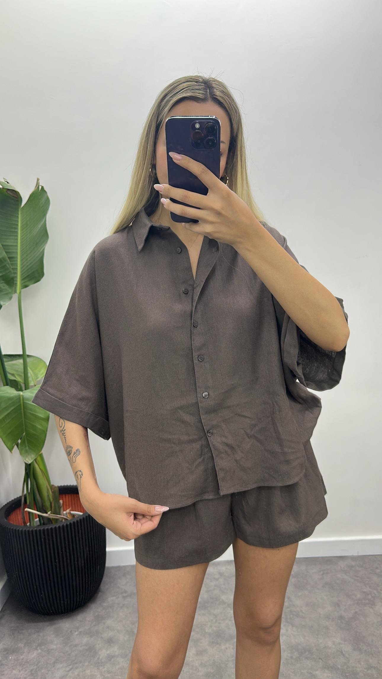 Hasır Kemerli Keten Gömlek Şort Takım