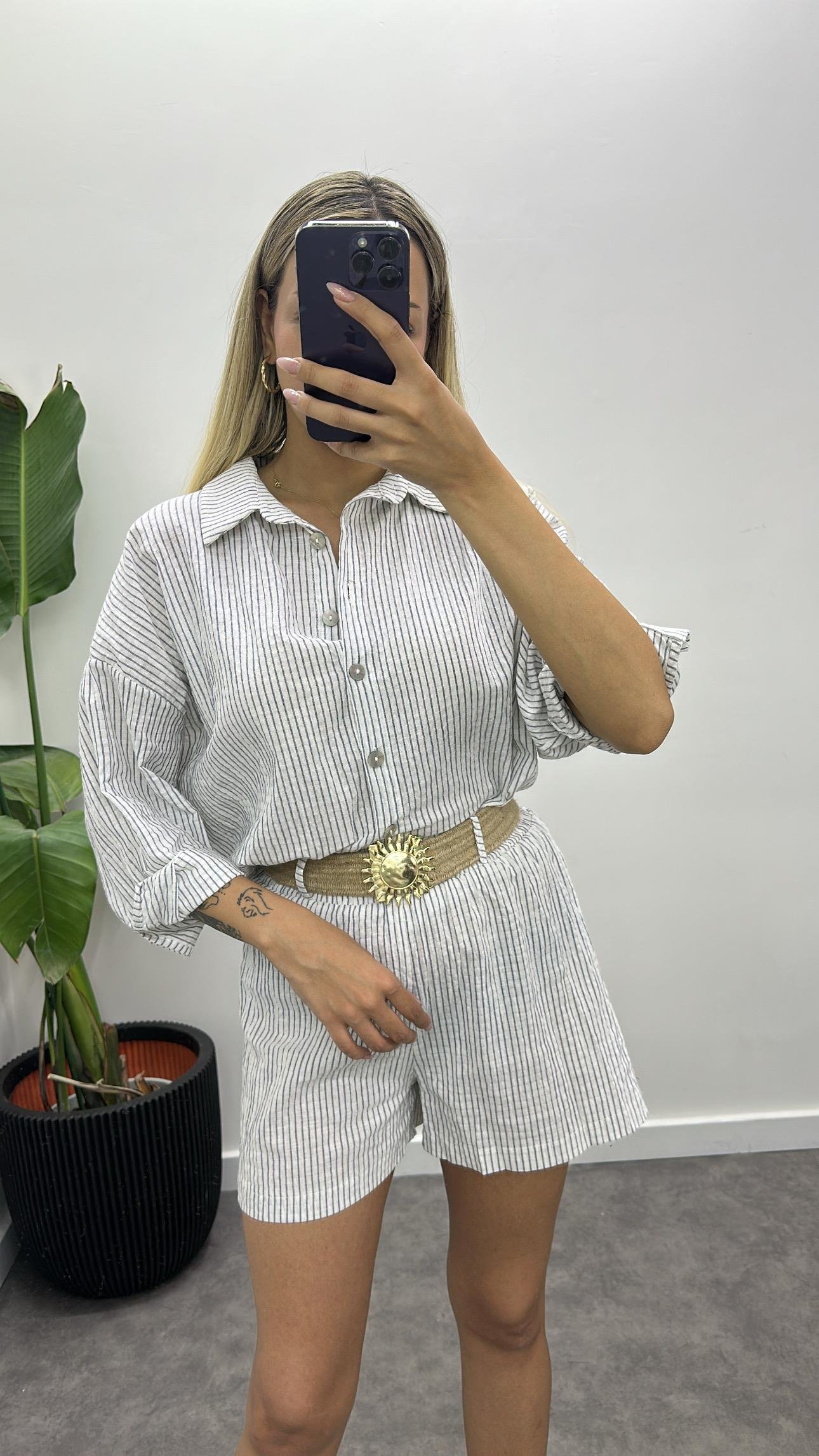 Kemerli Keten Şortlu Takım