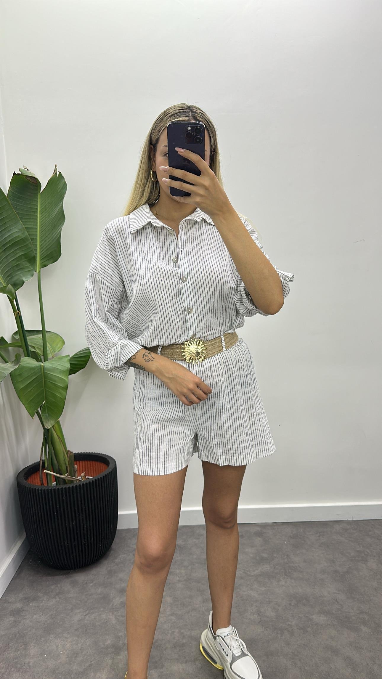 Kemerli Keten Şortlu Takım