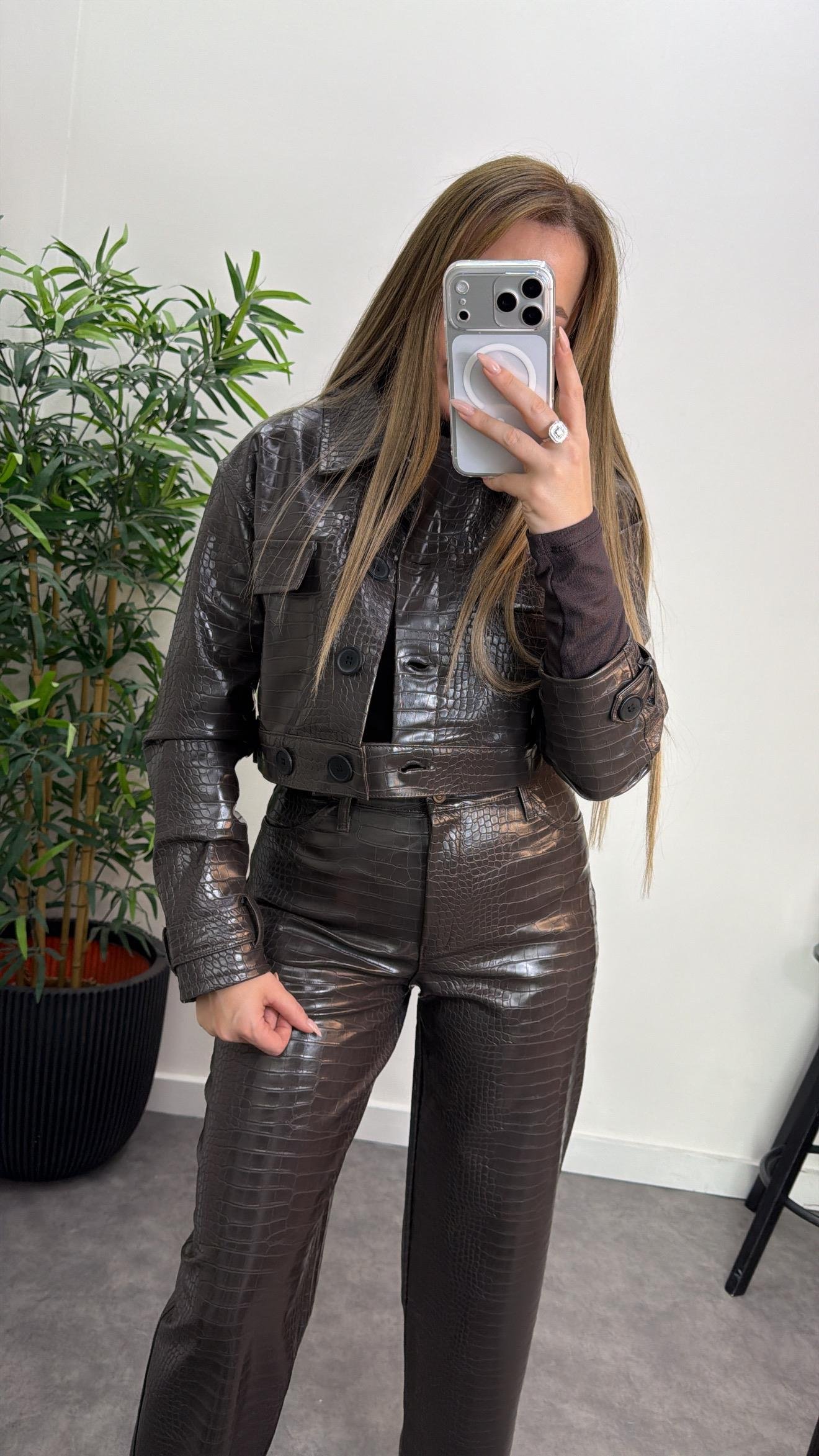 Kroko Desenli Deri Ceket