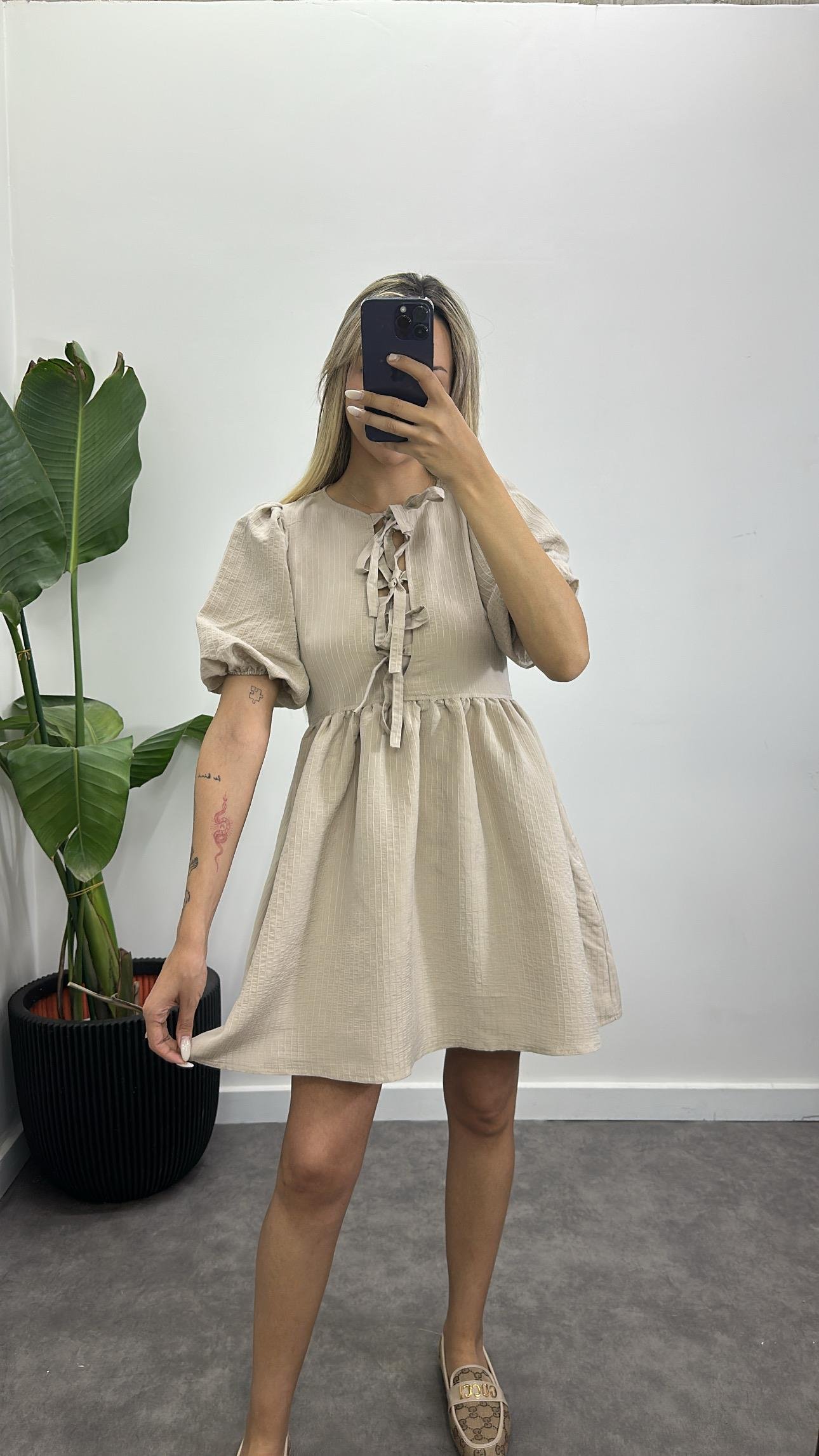 Kurdele Detay Keten Elbise