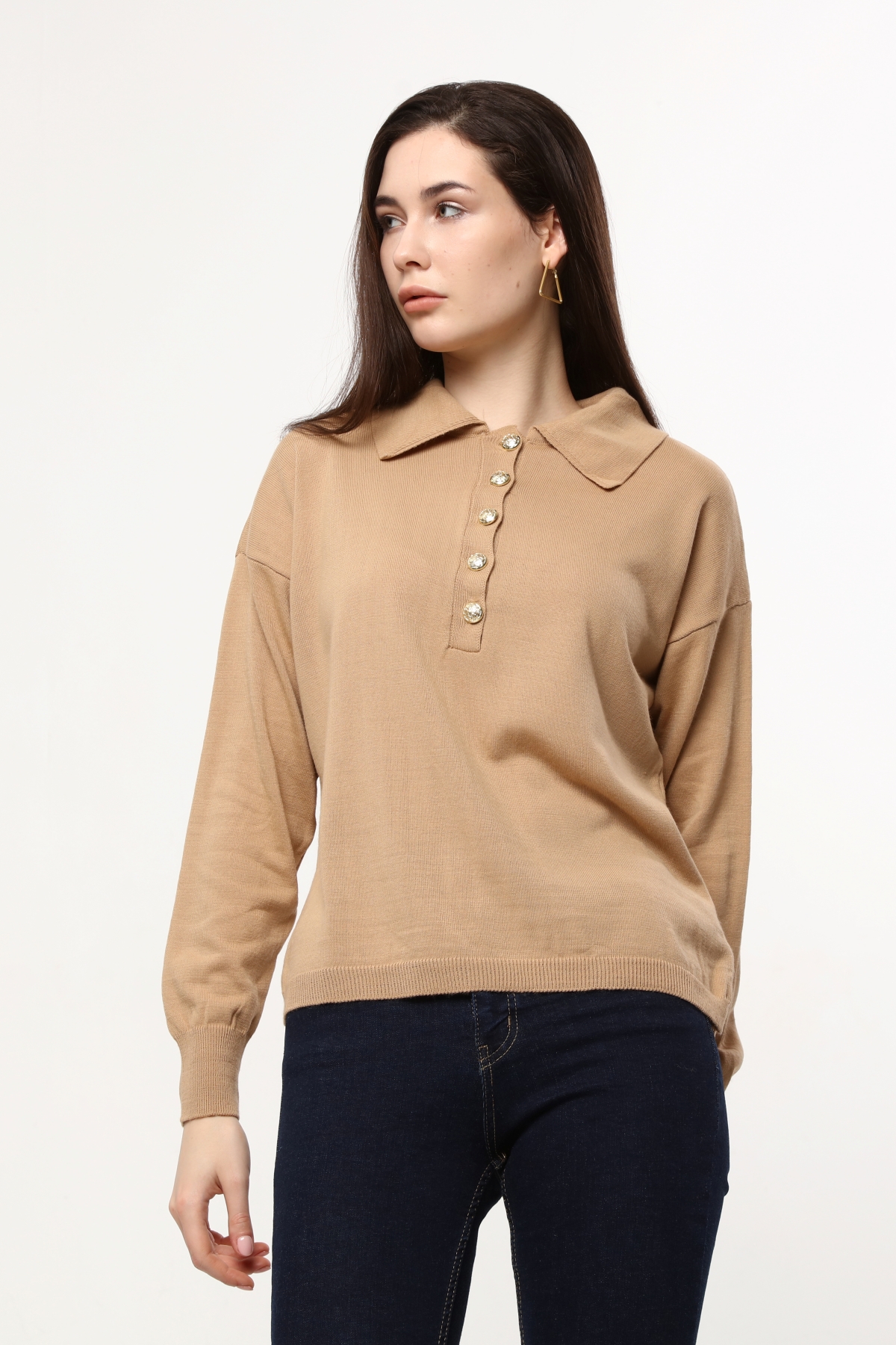 Polo Yaka Gold Düğmeli Marka Model Kazak Camel
