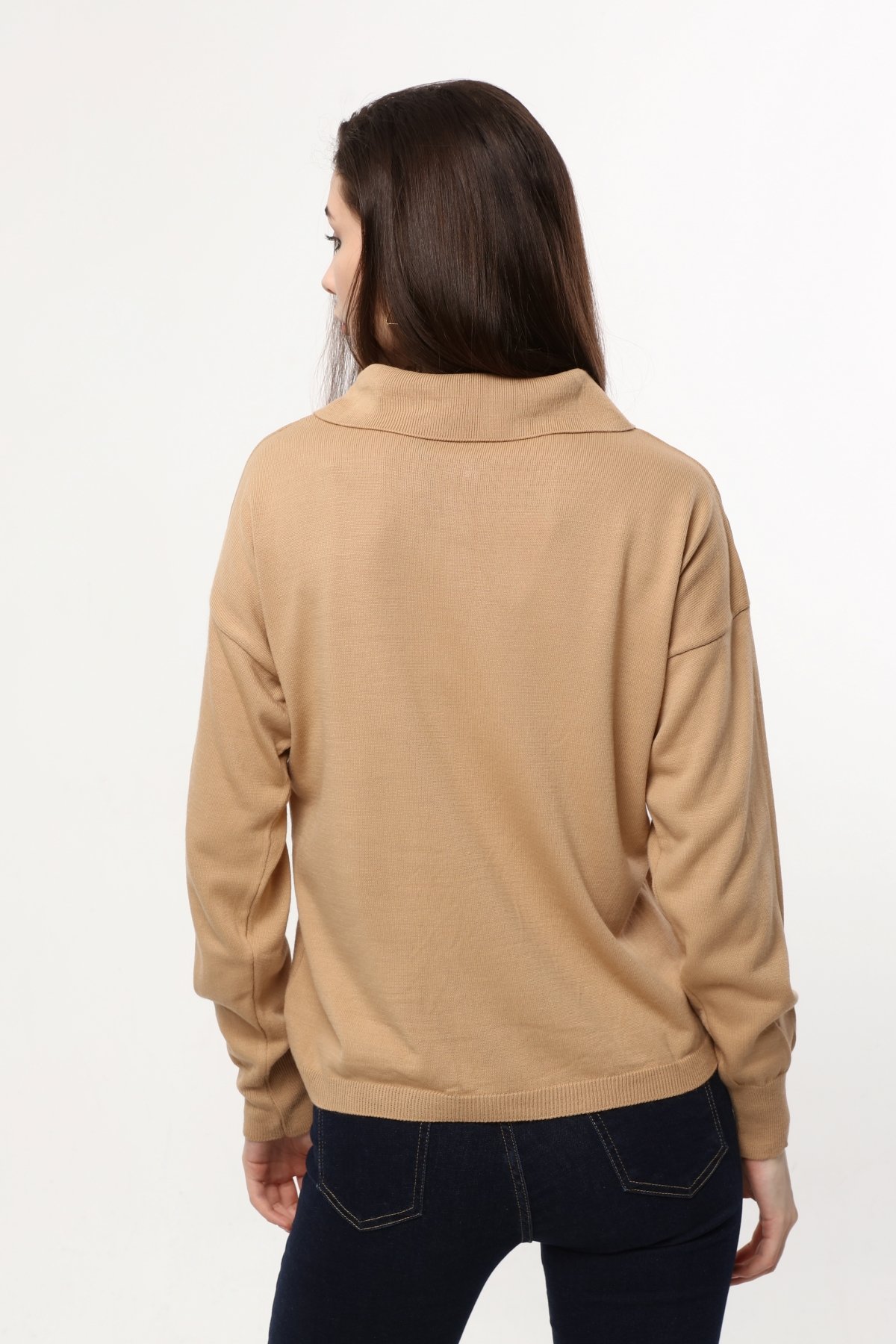 Polo Yaka Gold Düğmeli Marka Model Kazak Camel