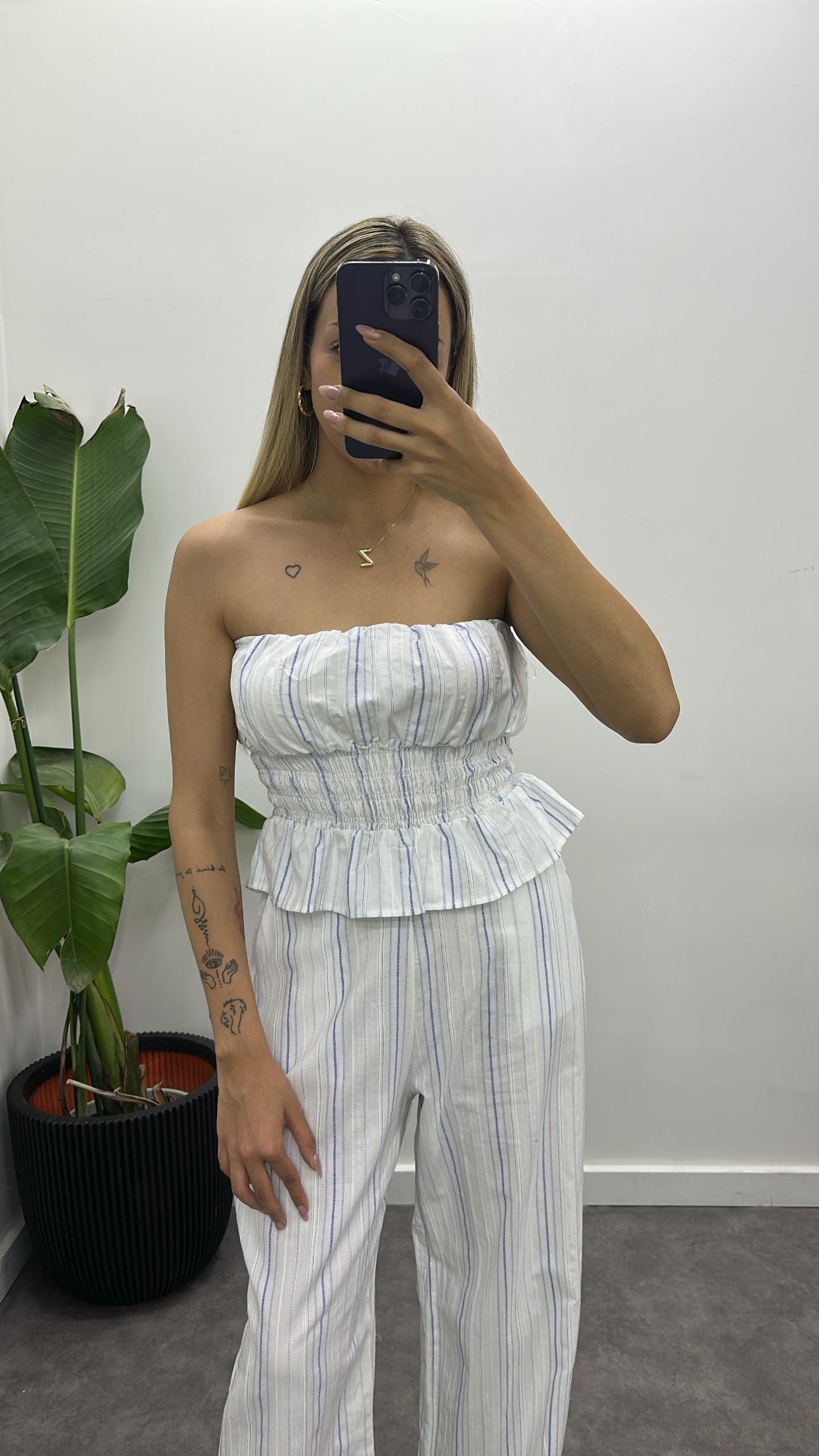 Straplez Çizgili Keten Takım