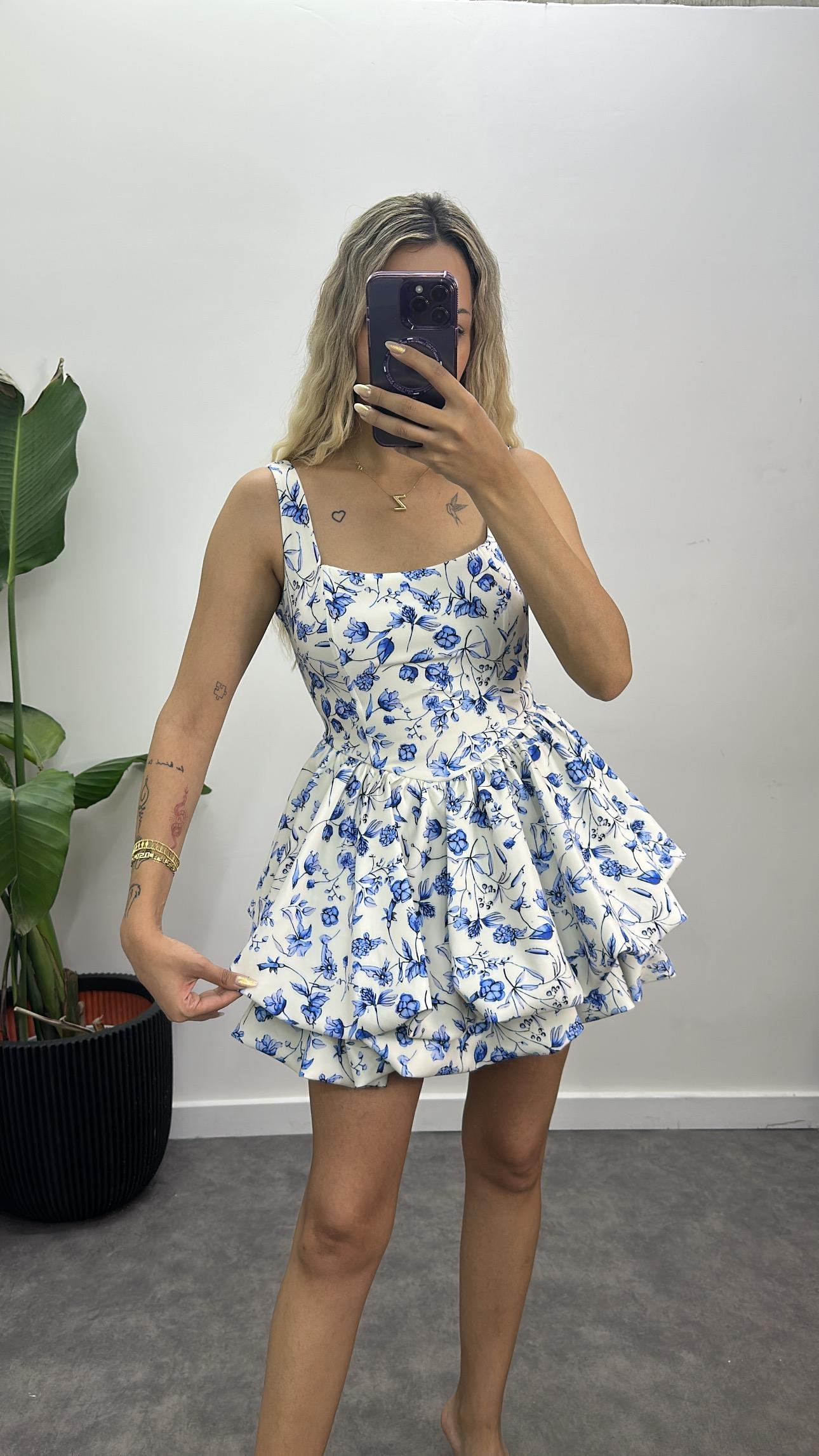 Tasarım Çiçek Desenli Volanlı Elbise