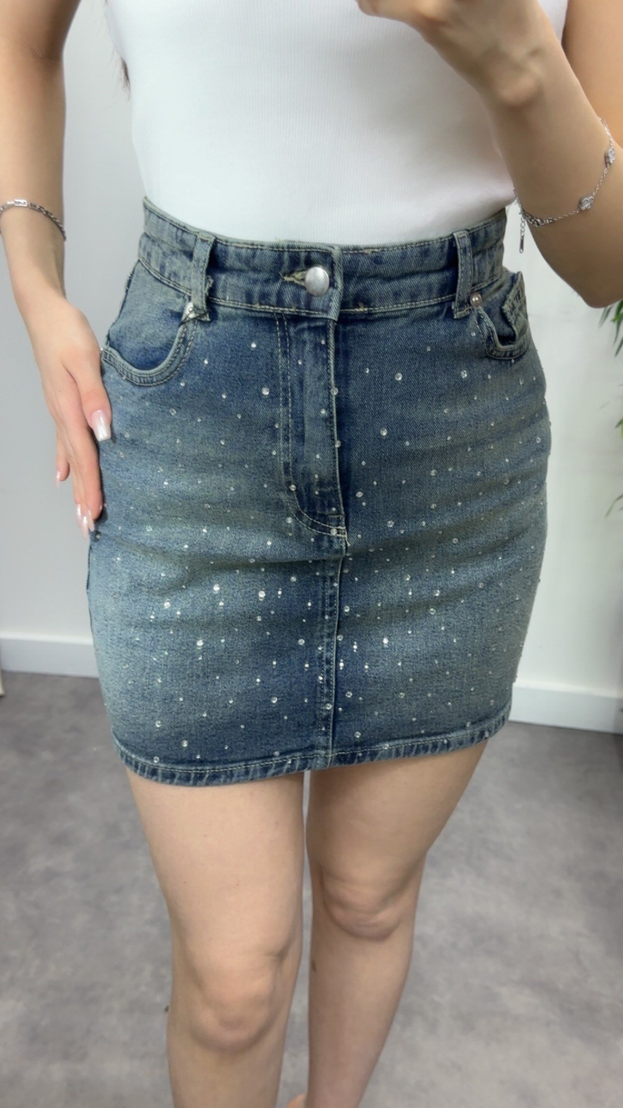 Taşlı Mini Jean Etek