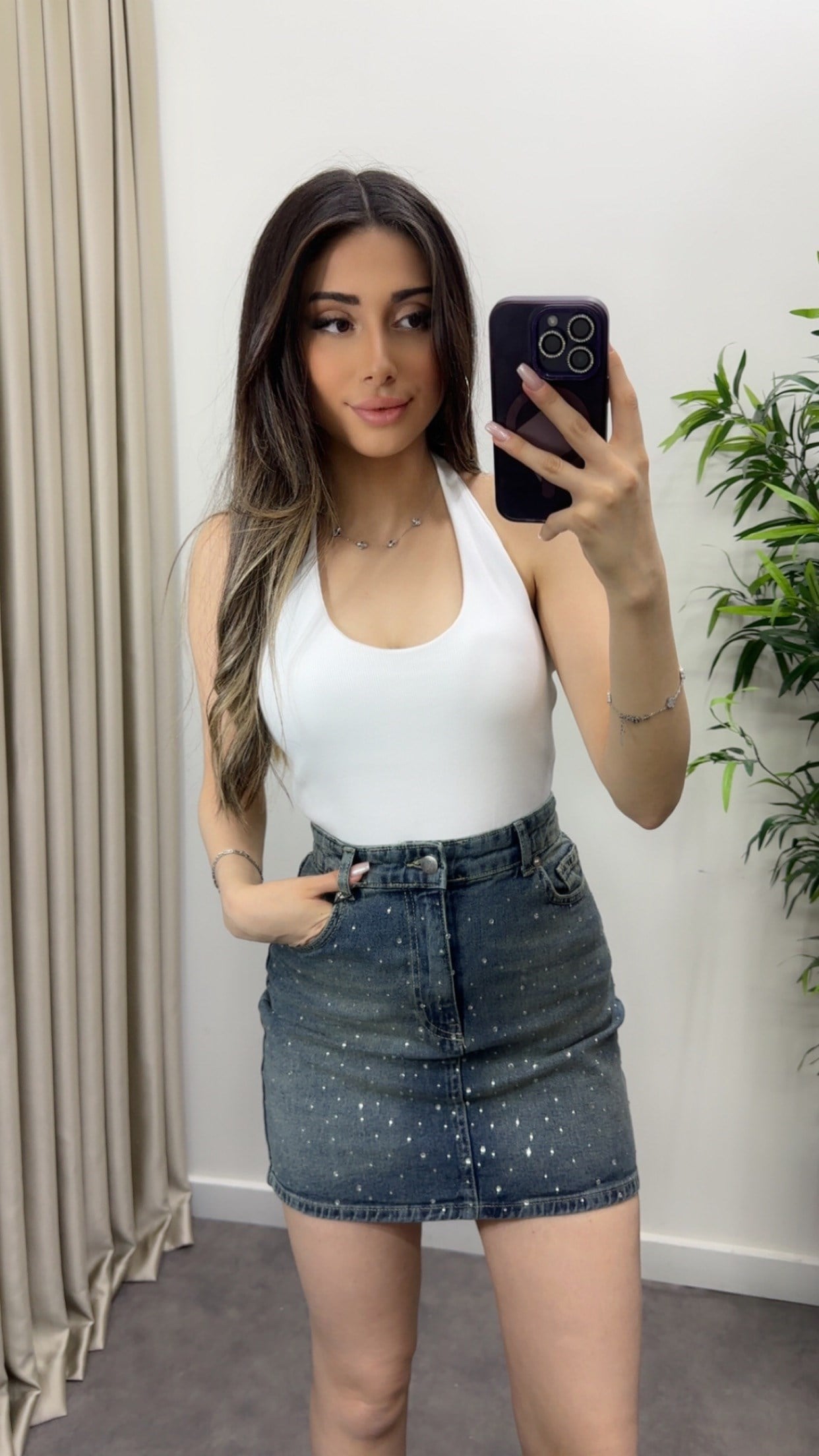 Taşlı Mini Jean Etek