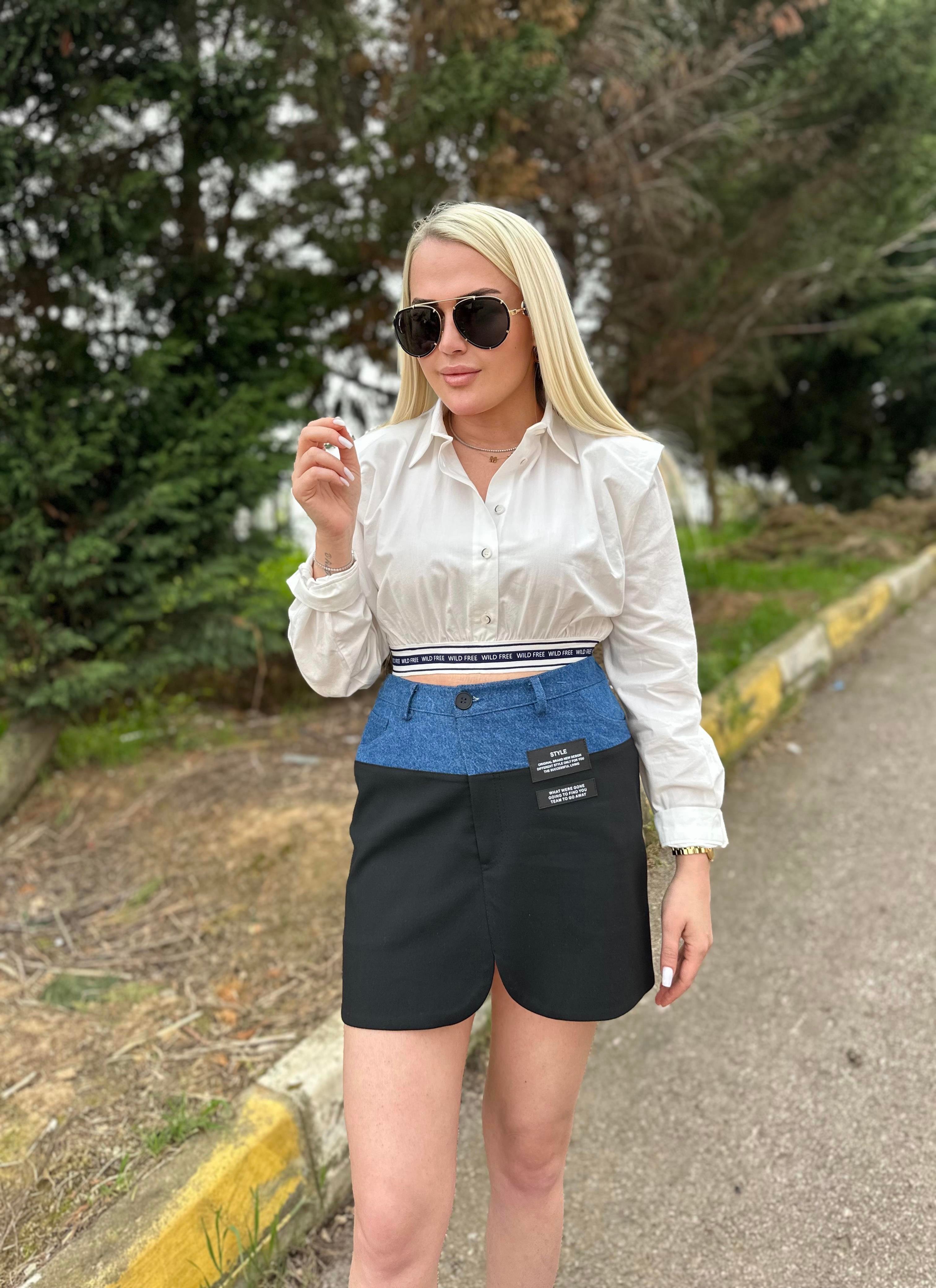 Vatkalı Şeritli Crop Gömlek