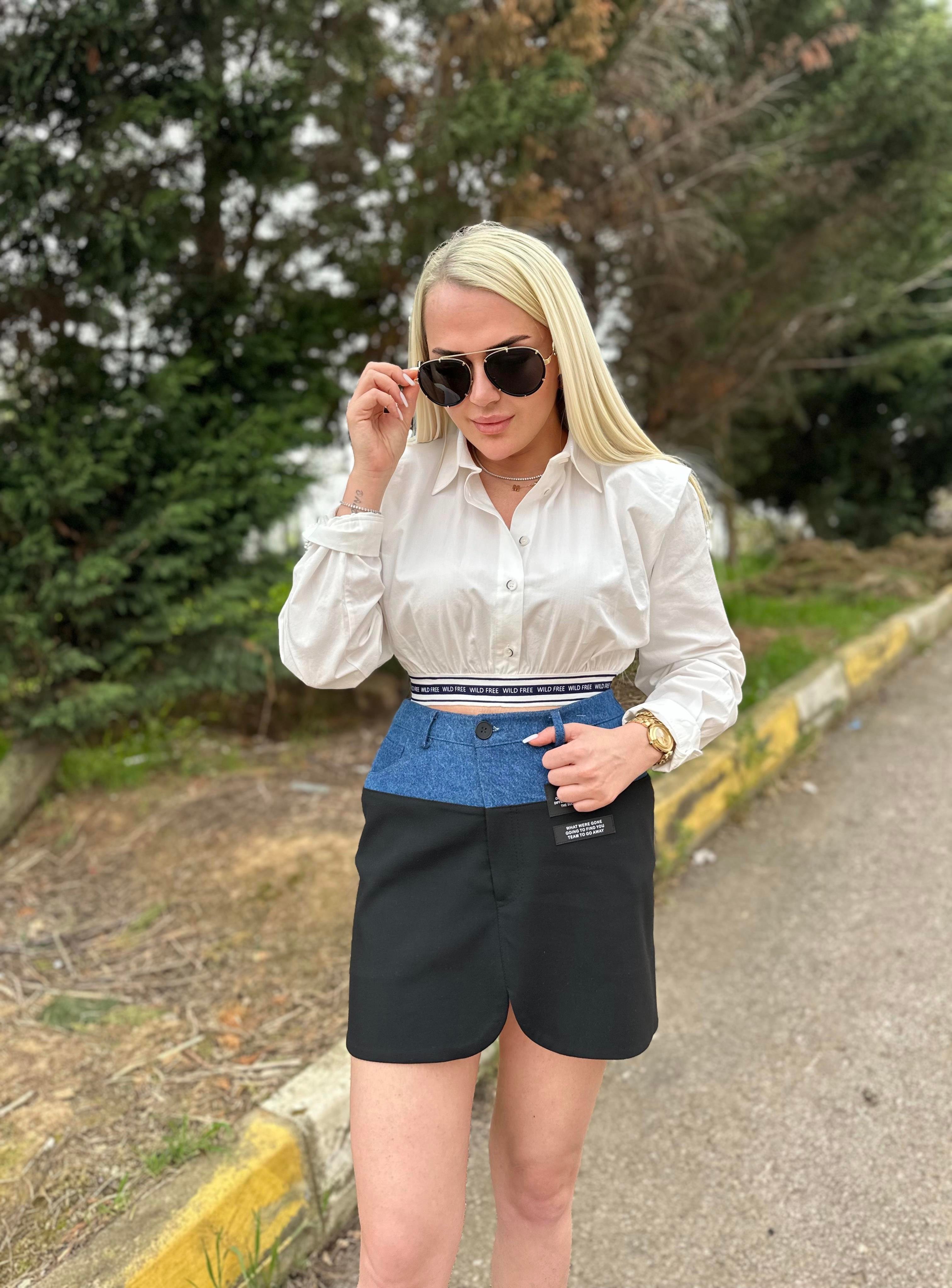 Vatkalı Şeritli Crop Gömlek