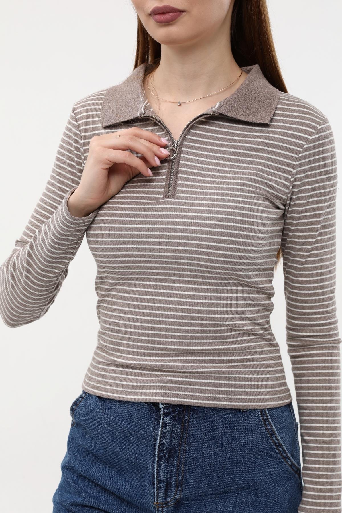 YAKALI ÇİZGİLİ BLUZ