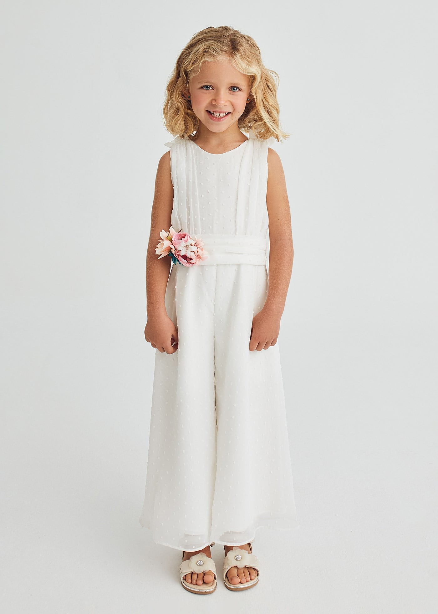 Mayoral Abel Lula Girls' Floral Belted Jumpsuit, Cream
