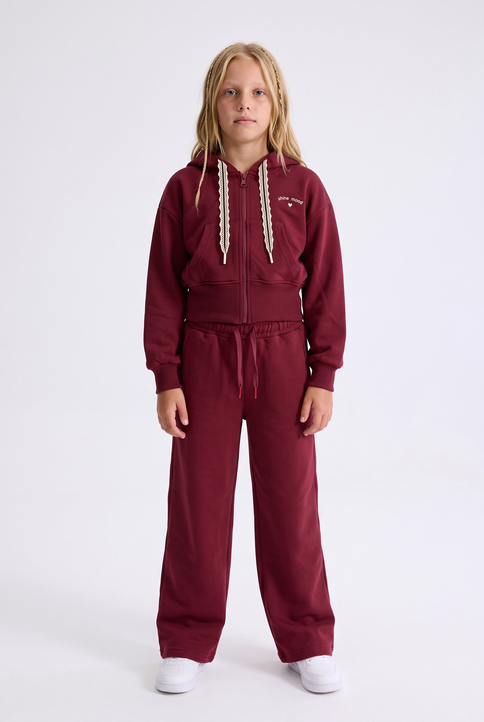 9-14 Yaş Kız Çocuk Üç İplik Hırkalı Eşpfman Takım Bordo