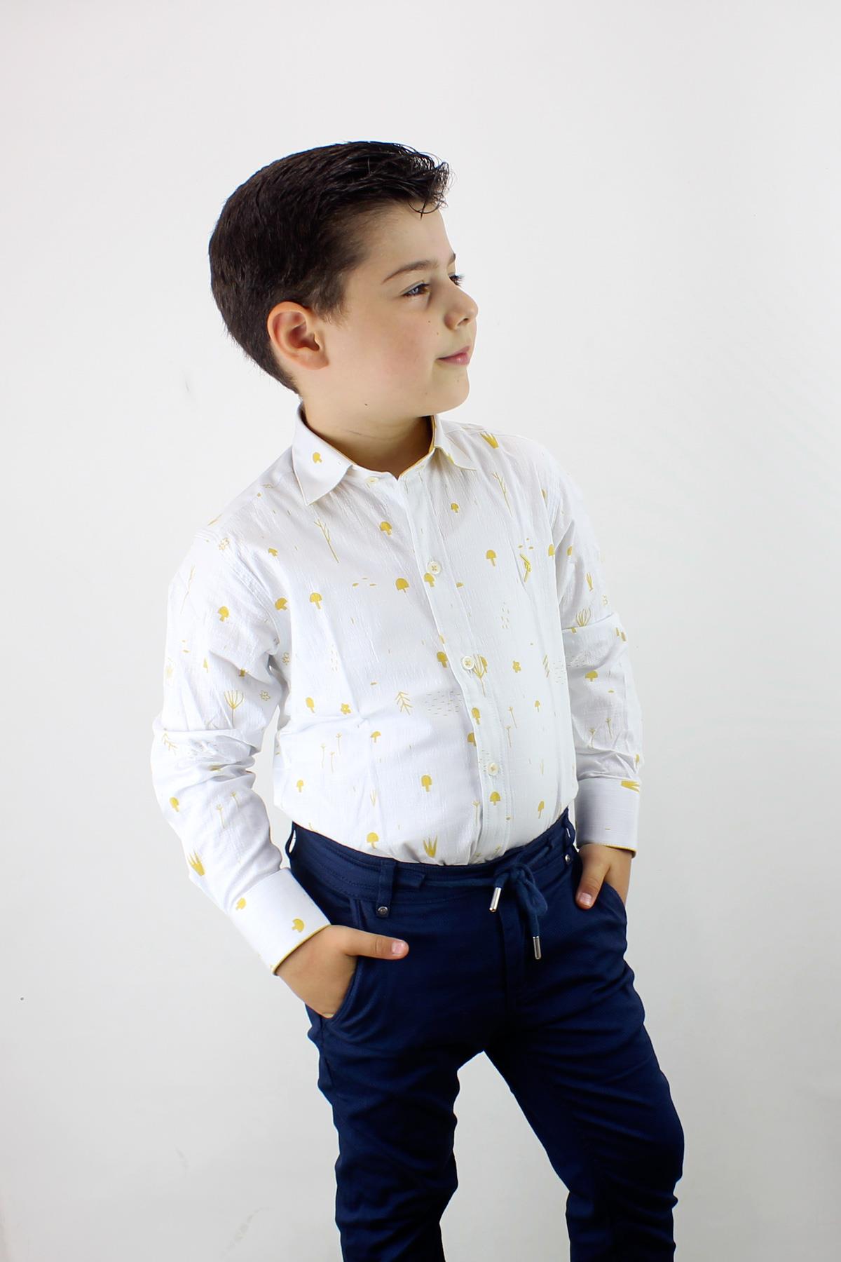 1-14 Yaş Erkek Çocuk Katlanır Kollu Slim Fit Gömlek SARI
