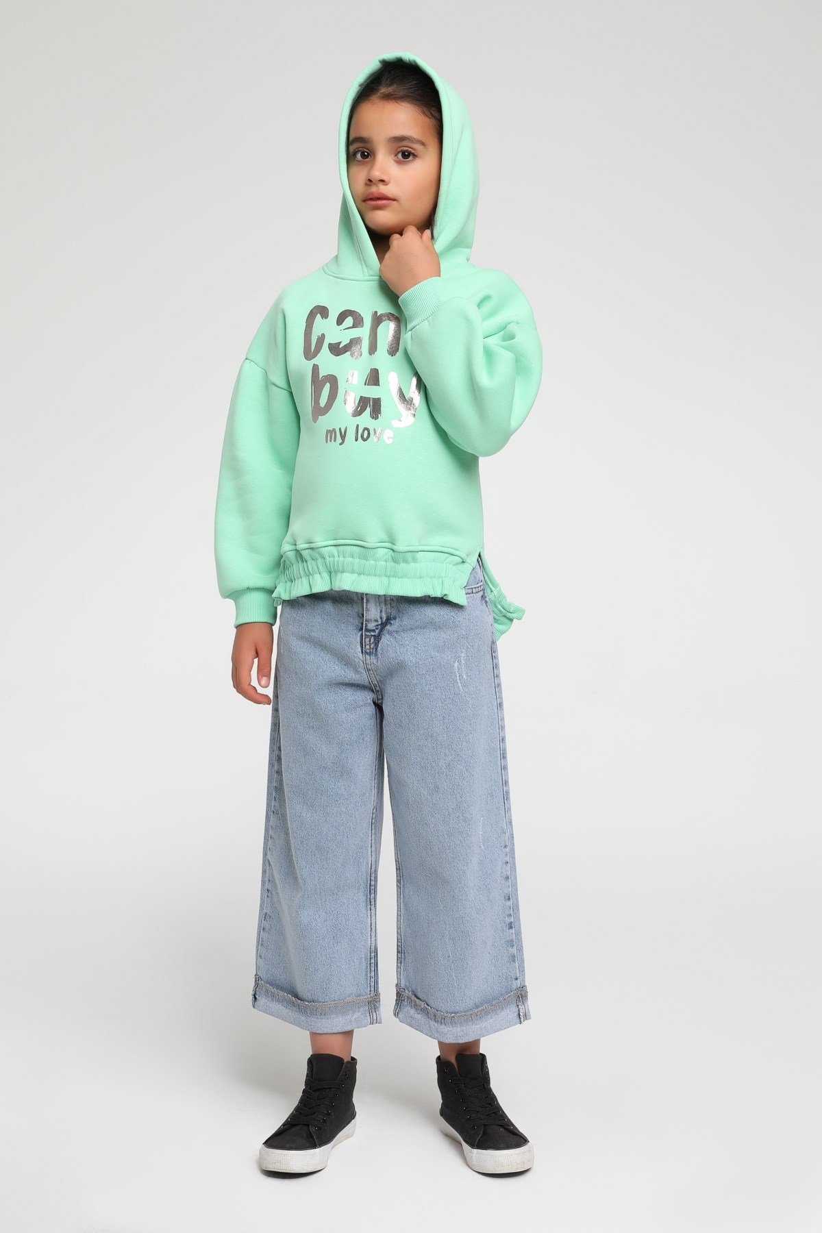 4-14 Yaş Escabel Kız Çocuk Salash Kesim Kapişonlu Sweatshirt YEŞİL