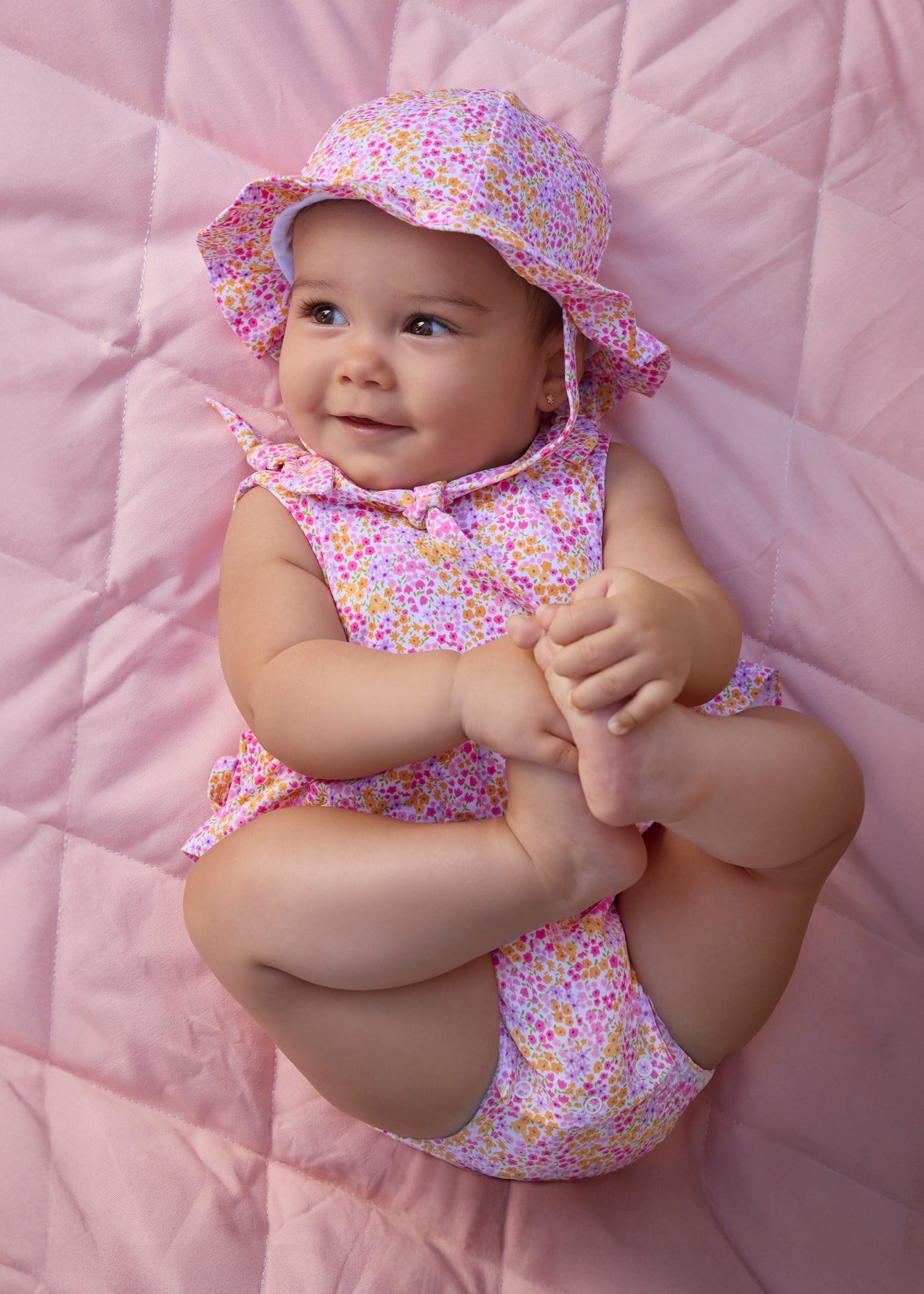 Mayoral Newborn Baby Girl Short Cotton Romper and Hat Set, Orange